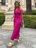 Chic Linen Blend Women's Lace Up Midi Dress Fashion Hanging Neck Collar Backless Vestido 2023 Summer Female High Streetwear-Outfit