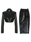 2 Piece Sets Womens Outfits Lace Up Black Shiny Crocodile Texture Leather Midi Skirt with Side Slit and Crop Top