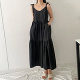 Woherb Chic Minimalist Temperament Deep V Collar Loose Casual Level Feeling Knee Long Condole Belt Dress Female-Outfit