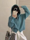 Woherb Style Multi-Color Hooded Double Zipper Knit Cardigan Women's New Short Hair Sweater Hoodie Autumn And Winter Small Coat-Outfit