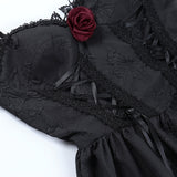 Dark Tie Up Mall Gothic Elegant Women Dresses Grunge Aesthetic Jacquard A-Line Dress Emo Lace Trim Black Party Alt Clothes-Outfit