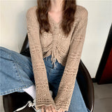 Woherb Out Thin Jacket Summer 2024 New Draw Rope V Collar Short Money Wearing Sunscreen Shirt Sweet Spicy Short Sleeve Knit Women-Outfit