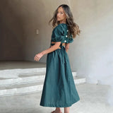 Elegant Short Sleeve V Neck Green Summer Midi Dress For Women 2023 Hollow Out Buttons A-Line Holiday Beach Dress Vestido-Outfit