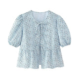 New Bubble Cuff Lace-Up Solid Color Short Blouse 1213835-Outfit