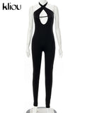 Kliou Baddie Style Jumpsuit Women Charming Sexy Middle Ribbons Cleavage One Pieces Sheath Sleeveless Halter Lace Up Clubwear