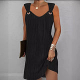 Woherb Spring And Summer Temperament Commuting Simple Pure Color Metal Button V-Neck Sleeveless Dress-Outfit