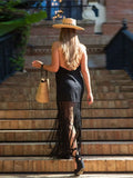 Solid Tassel Women's Maxi Dress Sexy Cross Hanging Neck Open Back Sleeveless Robes 2023 Summer Lady Party Chic Vestidos-Outfit