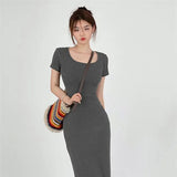 2024 Summer Bodycon Long Dress Women Korean Style Mid-Length Short Sleeve Dresses Woman Solid Streetwear Slim Vestidos-Outfit