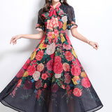 Famous Bow Tie With Lantern Sleeve High-Rise Dress Female Thin Elegant Print