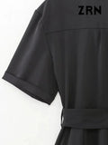 Women Fashion With Belt Front Zipper Jumpsuits Vintage Short Sleeve Side Pockets Female Playsuits Mujer-Outfit