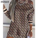 Fashion Printed Sweater Dress Women Casual Off Shoulder Round Neck Long Sleeve Mini Dress Women-Outfit