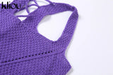 Kliou Knitted Two Piece Set Women Skirt Elegant Classy Back Criss Cross Bandage Camisole Top+Ribbons Hollow Out Female