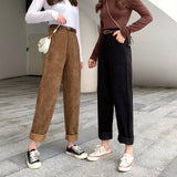 High Waist Corduroy Pants Fashion Belt Autumn Wide Leg Full Pants Spring Korean Pure Cotton Black Streetwear Ladies