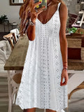 Woherb Women's Summer New Hollow Jacquard V-Collar Sling Solid Color Dress-Outfit