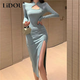 Autumn Nightclub Fashion Solid Sexy Stand Collar Hollow Out Slit Bodycon Dress Women Elegant Party Robe Dresses Vestidos-Outfit