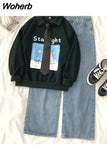 2 Piece Set womens outfits cotton Sportswear Casual loose full Sleeve hoodies and denim wide leg pants Two Piece Sets INS 430-0-Outfit