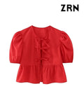ZRN-Women's Lace Up Cropped Blouses, Puff Sleeves, O Neck, Female Shirts, Chic Tops, Fashion-Outfit
