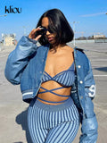 Kliou Striped Print Two Piece Set Women Sexy V-neck Bandage Backless Bra Tops+Mid Waist Stretchy Sheath Pants High Street