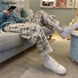Women Casual Pants Plaid Loose Aesthetic Wide Leg Trousers Female Ins Fashion All-match Korean Style Elastic Waist Streetwear-Outfit
