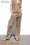 2023 Women Summer Linen 2-Pieces Sets Casual Solid Vests Coats and Flare Pants Female Elegant Street Two Suits Clothing-Outfit