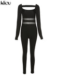 Kliou Sheath Concise Jumpsuit Women Herfst Unique Truncated Mesh See Through One Pieces Slim Simple Casual Female