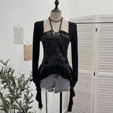 Tidal Irregular Hanging Neck Tie With Hollow Spliced Niche Pads On The Shoulder With Long-Sleeved T-Shirt