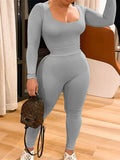 Kliou Solid Concise Two Piece Set Women Skinny Bodycon-shaping Crew Neck Bodysuit+High Waist Slim Sporty Leggings