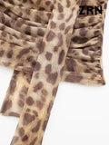 ZRN-Women's Leopard Print Pleated Tulle Bustier Tops, Strapless, Straight Neck, Draped, Female Camis, Sexy Fashion-Outfit