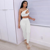 Kliou Sporty Solid Two Piece Set Women Skinny Inclined Shoulder Hole Cleavage Tank Tops+ Concise Stretchy Pants Workout