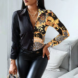 Women Fashion Shirt Lady Long Sleeve Blouse Turn-down CollarButton Design Print Casual
