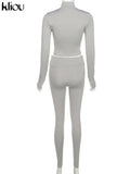 Kliou Solid Simple Two Piece Set Women Sheath Slim Casual Sporty Long Sleeve Zipper Top+Body-Shaping Female Activewear