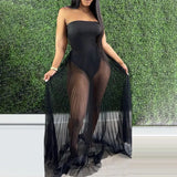 Fashion Women Mesh Maxi Dress Robes Beachwear Off Shoulder Leaf Print Tube See-through Pleated Long Party Club