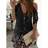 Off Shoulder Dress Women Vintage Floral Print Half Sleeves Midi Dresses Casual Sling V Neck Lace Boho Beach Party