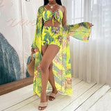 New 3 Pcs Long Sleeve Bikini Cover Up Swimwear Women Print Beach Wear Set High Waist Shorts Bandage Swimsuit Bathing