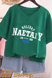 100% Cotton L-5XL T Shirt Plus Size Tshirt Short Sleeve Letter Print Women Top Summer Sweet V Neck Oversized T Shirts-Outfit