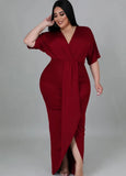 Plus Size V Neck Short Sleeve Slit Maxi