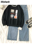 2 Piece Set womens outfits cotton Sportswear Casual loose full Sleeve hoodies and denim wide leg pants Two Piece Sets INS 430-1-Outfit