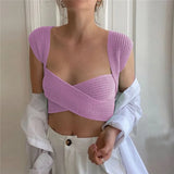 Fashion 2020 Winter Bandage Sexy Knitted Green Women Sweater Vest Off Shoulder Pullover Cropped Sweater Tops Jersey