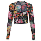 Floral Mesh Boat Neck Top Sexy Long Sleeve Crop Women Party Club Skinny Patchwork T-shirt Office Lady Vintage Top