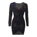 Sexy Sequin Dress Deep V Neck Glitter Party Club Mini Dress Long Sleeve Casual Bodycon Dresses Women Black Dresses