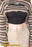 Vintage Stripe Knitting Crop Top Grunge Aesthetic 90 00s T-Shirts Hollow Out Y2k Pullovers Long Sleeve Top Streetwear-Outfit