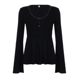 Lust Wind Base Solid Color V-Neck Lace Lace Bottom Long-Sleeved Girl Feel Perfect Waist
