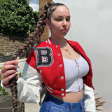 Patchwork Cropped Baseball Jacket Women Autumn Long Sleeve Short Coats 2021 Femme Y2k Streetwear Letter Bomber