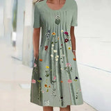 Floral Print Round Neck Pocket Mid-length
