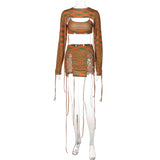 Print Knitting Women Long Sleeve Crop Top Drawstring Mini Dress 2 Piece Set 2021 Autumn Y2K Streetwear Outfit