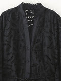 Cotton Embroidery Hollow Out Women's Midi Dress Loose V-neck Lantern Sleeved Lace Up Robe 2023 Summer Lady Elegant Vestidos-Outfit