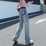 Woherb Leg Jeans Female High Waist Hang Sense Fall 2024 New Niche Design Feel Loose Straight Tube Pants-Outfit