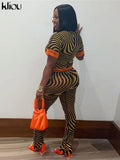 Kliou Sexy Mesh Two Piece Set Women SeeThrough Midnight Style Striped Color Blocking Top+Letter Print High Stretchy
