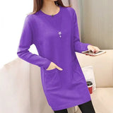 Sping Winter Women Black Sweaters Casual Solid O-Neck Long Sleeve Knit Sweaters Loose Pockets Mid Length Pullover Female
