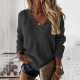 Women's Wear Solid Street Hipster Color Sweater V-neck Long Sleeve Pullover
